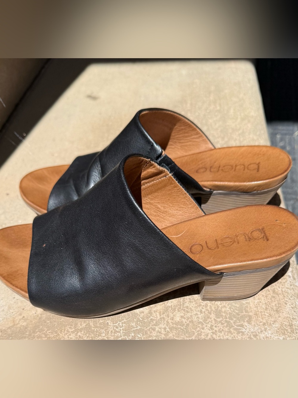 Bueno Black Leather Slide Mules with Tan Insole